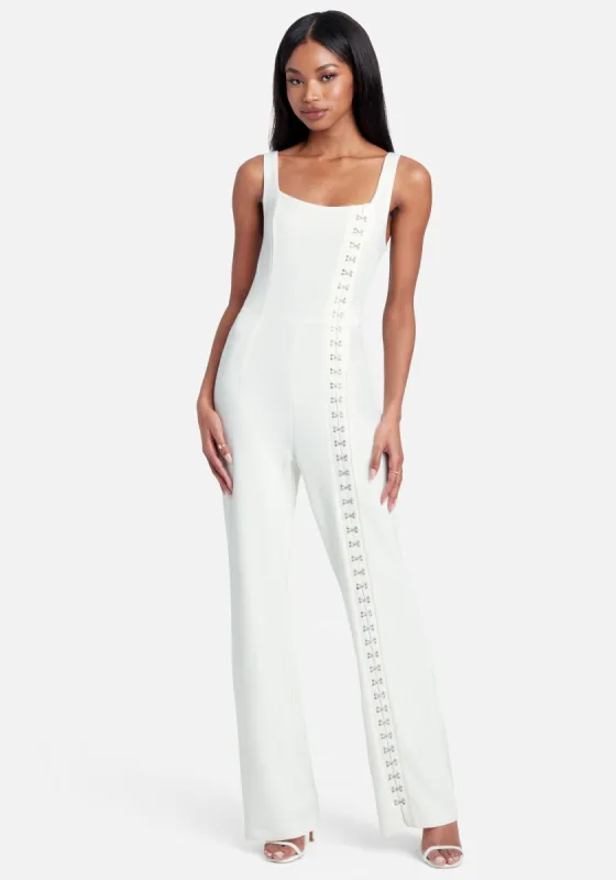 Knit Crepe Rhinestone Hook & Eye Wide Leg Jumpsuit sold by Bebe