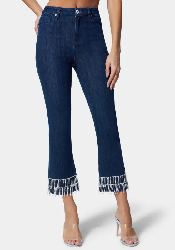 High Waist Rhinestone Hem Slim Leg Jeans made by TC