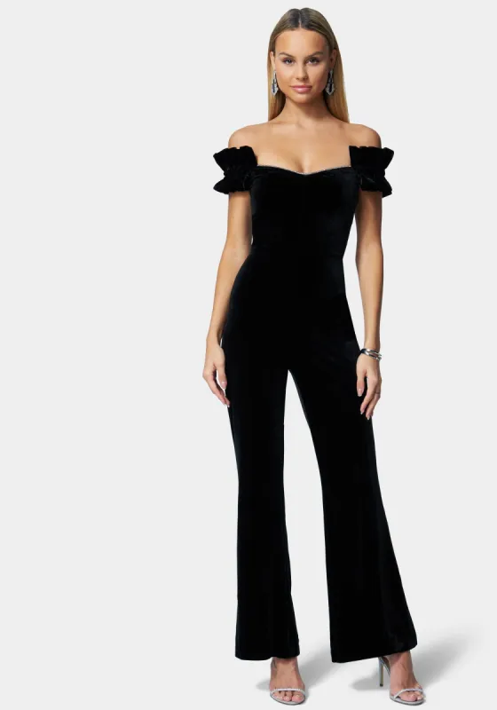 Velour Rhinestone Detail Wide Leg Jumpsuit sold by Bebe