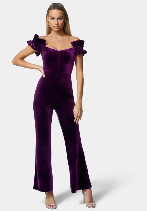 Velour Rhinestone Detail Wide Leg Jumpsuit sold by Bebe