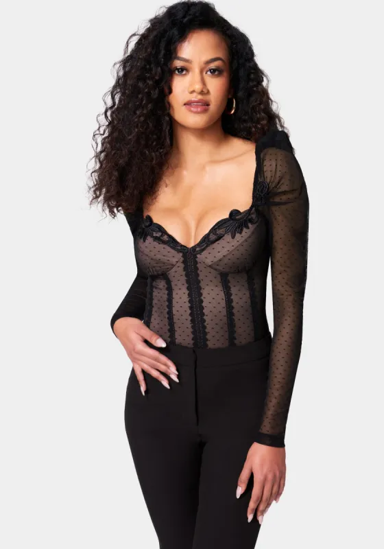Sweetheart Lace Trim Mesh Bodysuit sold by Bebe