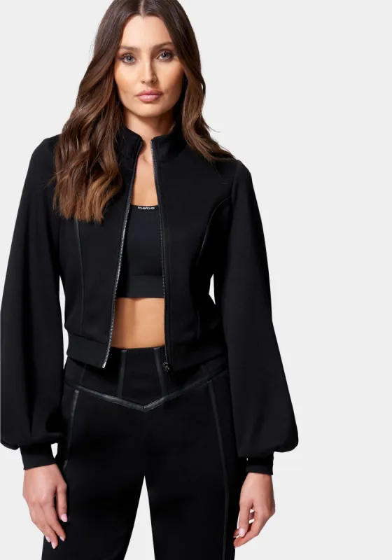 Vegan Leather Trim Knit Zip Jacket sold by Bebe