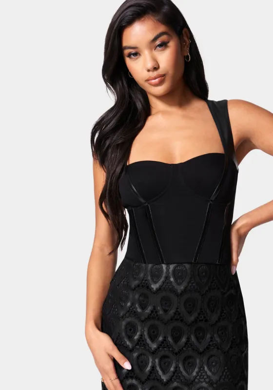 Vegan Leather Trapeze Neck Knit Top sold by Bebe