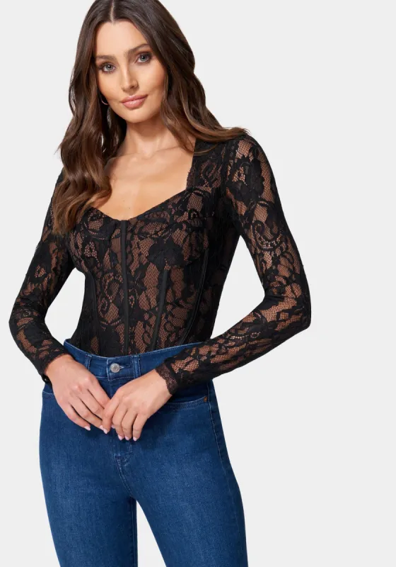 Stretch Lace Satin Trim Bodysuit sold by Bebe