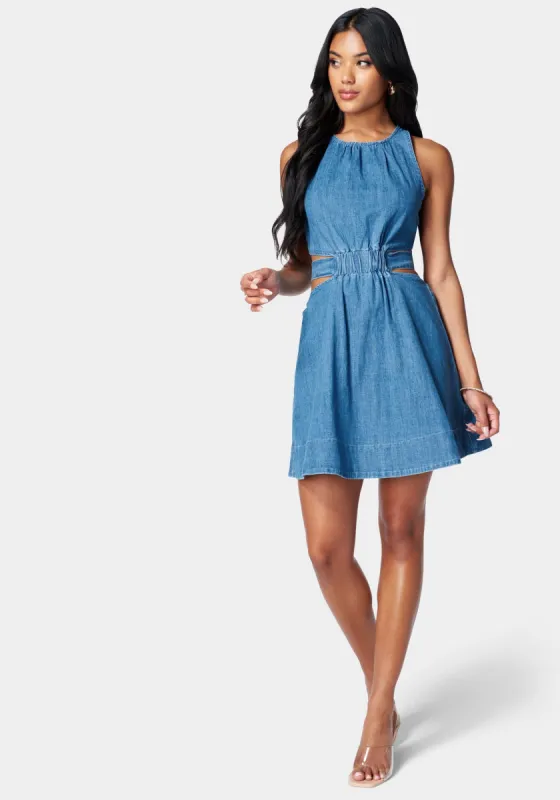 Ruched Halter Side Cutout Lightweight Denim Dress sold by Bebe