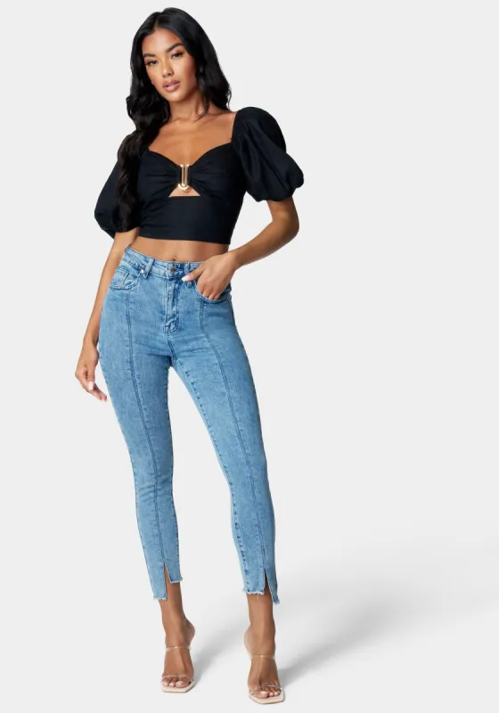 Puff Sleeve Front Keyhole Woven Top sold by Bebe