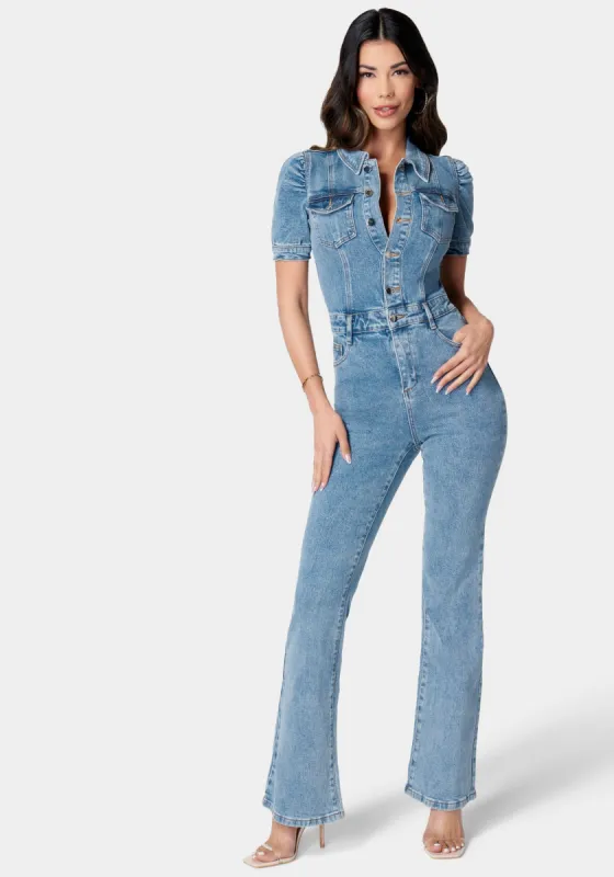 Puff Sleeve Button Front Wide Leg Denim Jumpsuit sold by Bebe