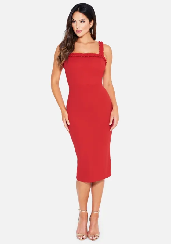 Ruffle Trim Bodycon Midi Dress sold by Bebe