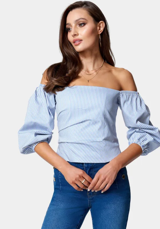 Poplin Bubble Sleeve Off Shoulder Draped Top sold by Bebe