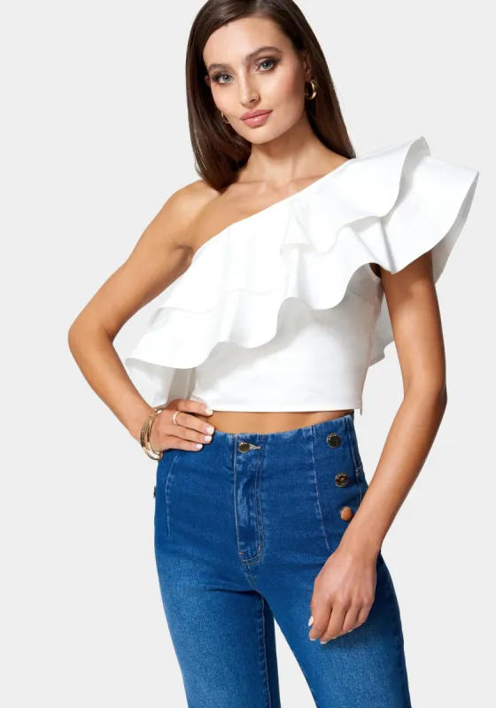 Poplin One Shoulder Ruffle Neck Top sold by Bebe