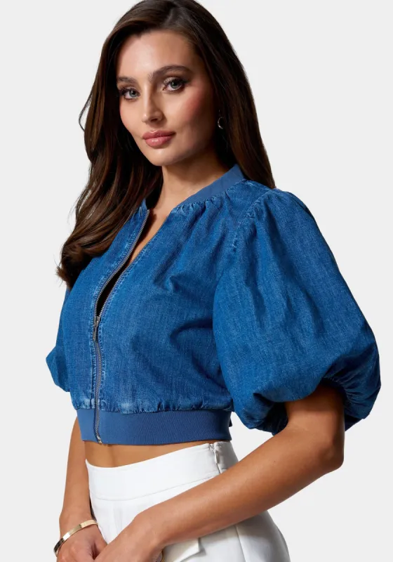 Bubble Sleeve Lightweight Zip Front Denim Jacket sold by Bebe