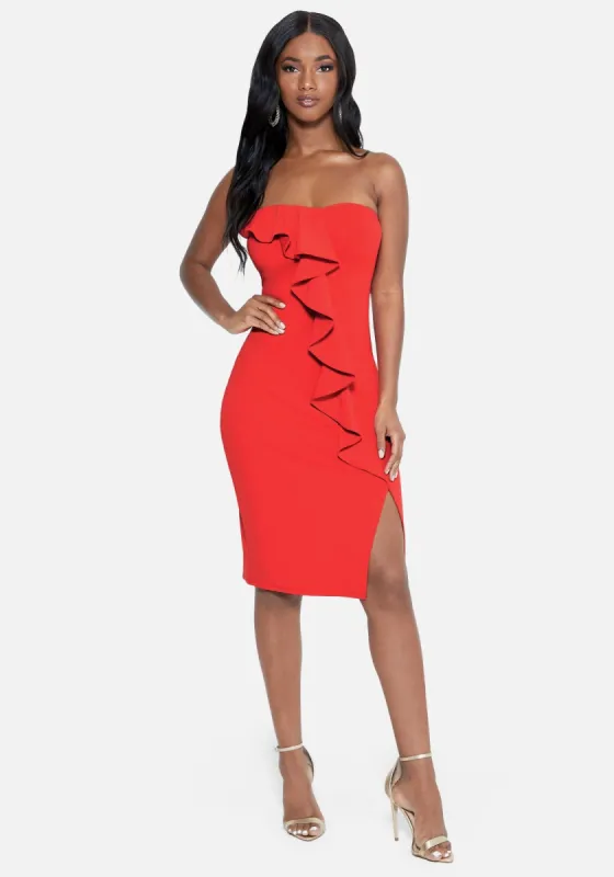 Strapless Ruffle Midi Dress sold by Bebe