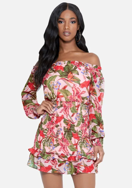 Off The Shoulder Ruffle Dress sold by Bebe