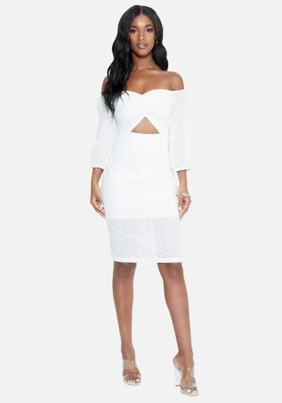 Off The Shoulder Eyelet Midi sold by Bebe
