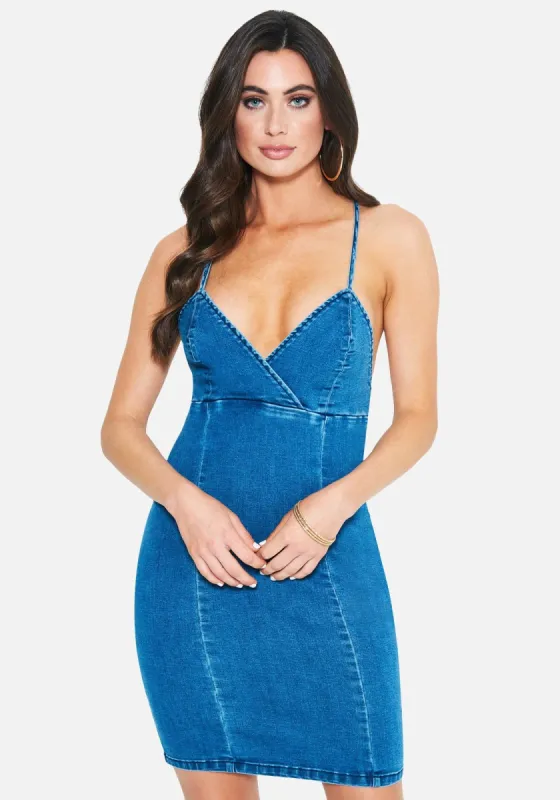 Open Back Lace Back Denim Dress sold by Bebe