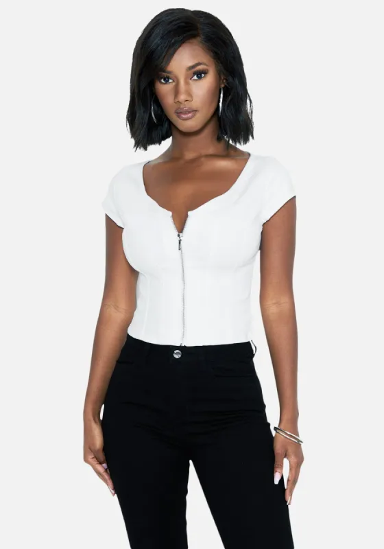 Denim Short Sleeve Zip Top sold by Bebe