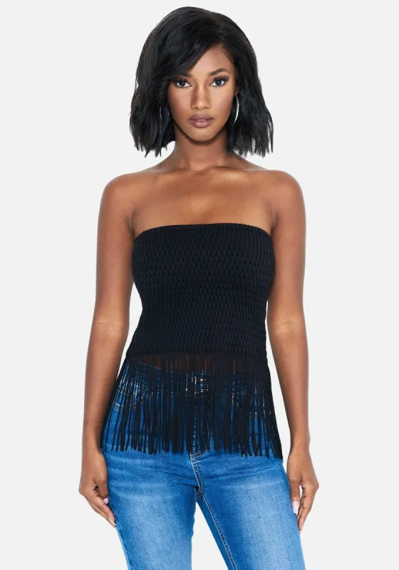 Strapless Fringe Knit Top sold by Bebe