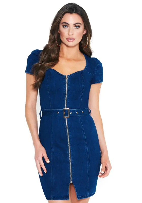 Belted Sweetheart Denim Dress sold by Bebe