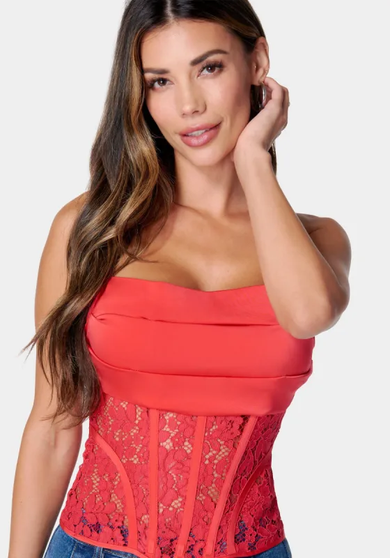 Satin Draped Lace Corset Top sold by Bebe