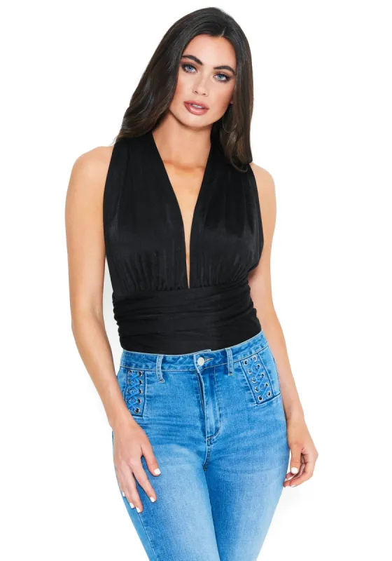 Convertible Halter Silk Bodysuit sold by Bebe