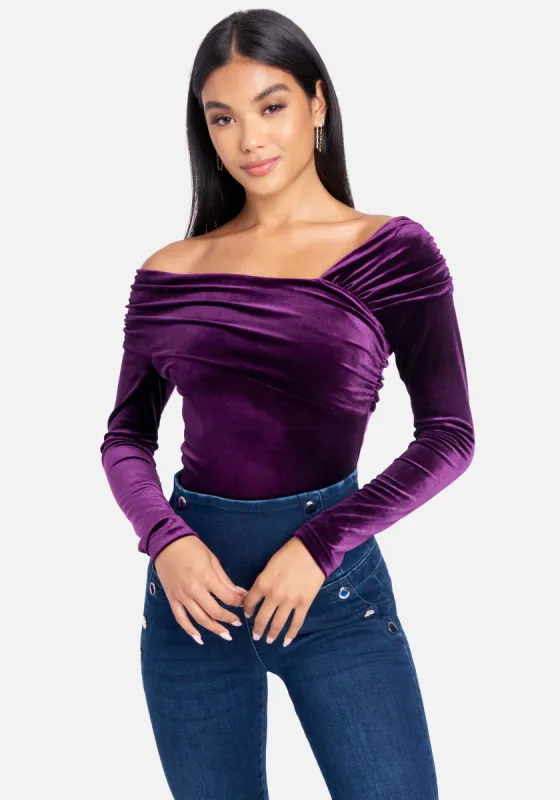 Velour Off Shoulder Bodysuit sold by Bebe