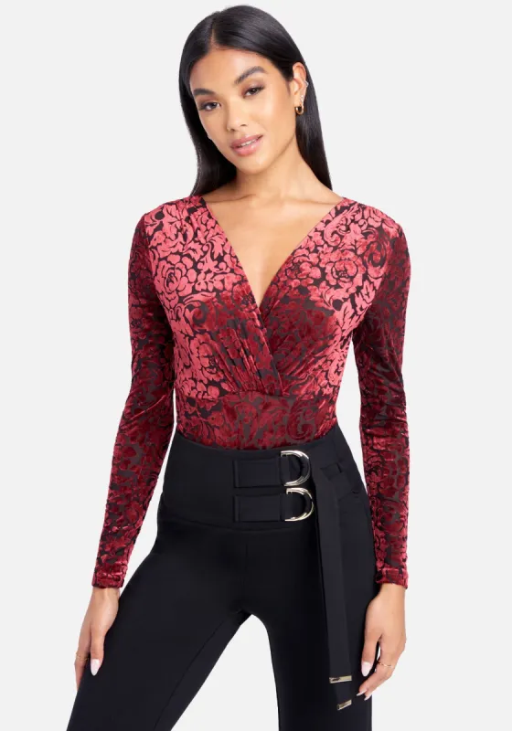 Burnout Velour Deep V Bodysuit sold by Bebe