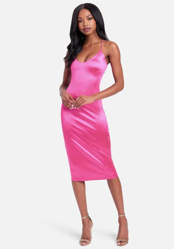 Strappy Back Satin Midi Dress sold by Bebe