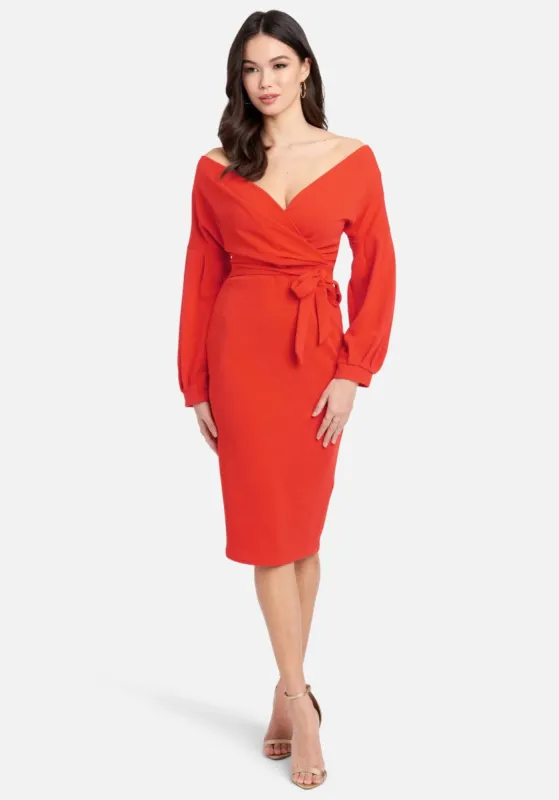 Off Shoulder Puff Sleeve Pencil Dress sold by Bebe