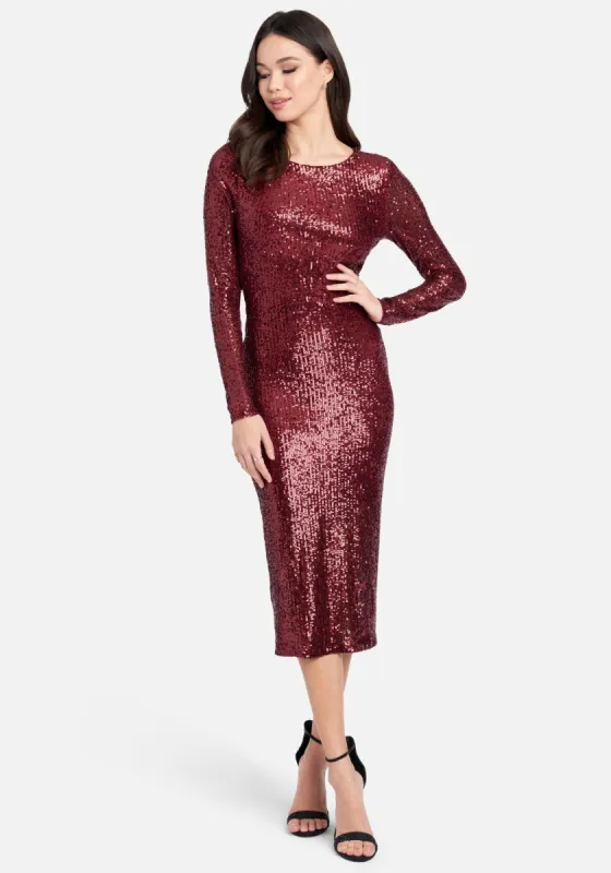 Sequin Cowl Back Midi Dress sold by Bebe