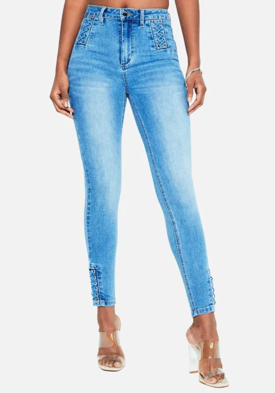 Lace Detail Skinny Jeans sold by Bebe