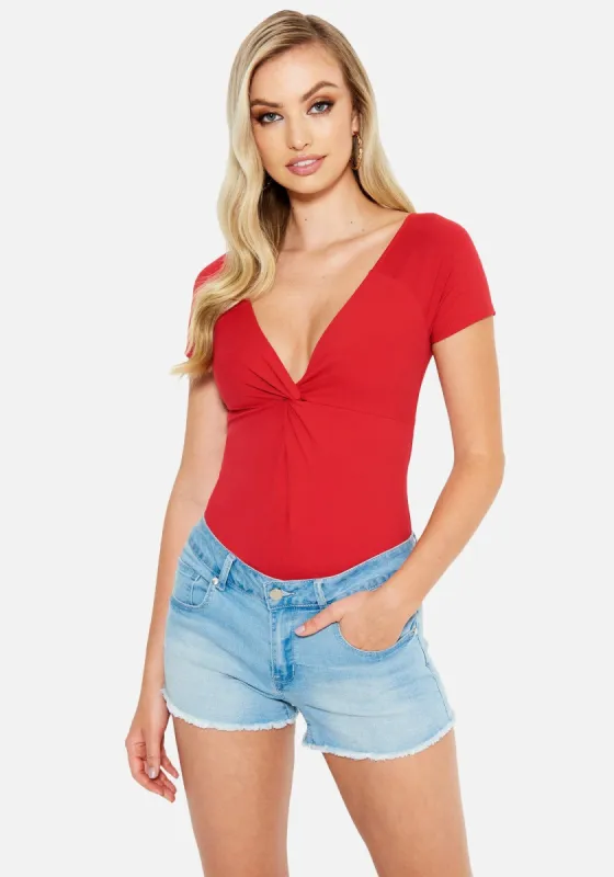 Short Sleeve Twist Front Bodysuit sold by Bebe