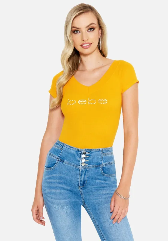 Crystal Logo Double V-Neck Short Sleeve Tee sold by Bebe