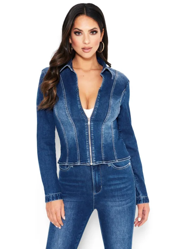 Deep V Zip Up Denim Jacket sold by Bebe