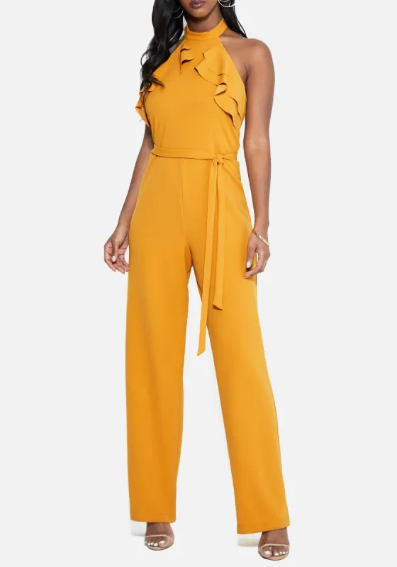Double Ruffle Halter Jumpsuit sold by Bebe