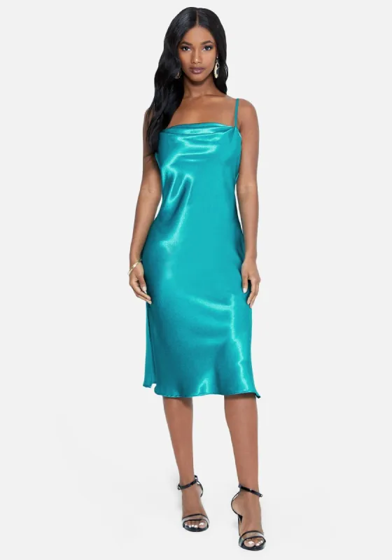 Satin Cowl Neck Slip Midi Dress sold by Bebe