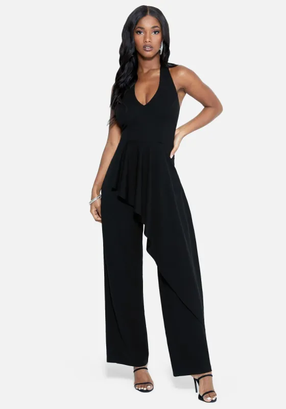 Halter Asym Ruffle Jumpsuit sold by Bebe