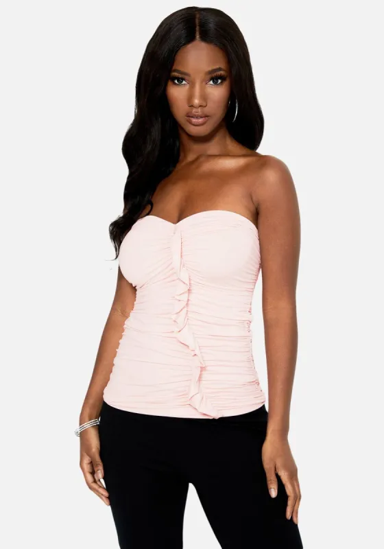 Strapless Ruched Ruffle Knit Top sold by Bebe