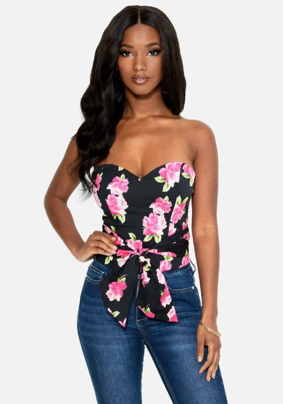 Printed Strapless Poplin Top sold by Bebe