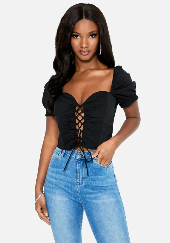 Lace Up Front Poplin Crop Top sold by Bebe