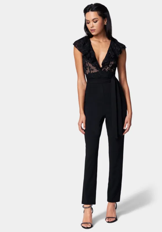 Ruffle Detail Straight Leg Jumpsuit sold by Bebe