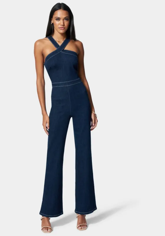 Wide Leg Side Snap Denim Jumpsuit sold by Bebe