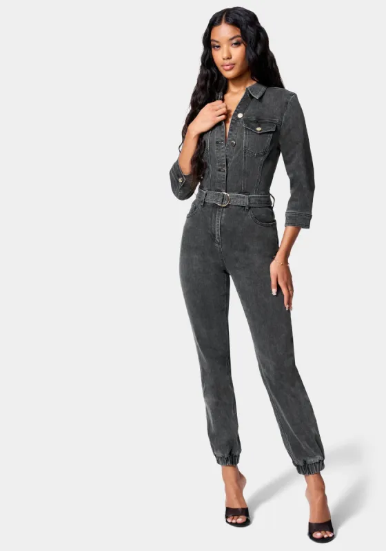 Belted Jogger Denim Jumpsuit sold by Bebe