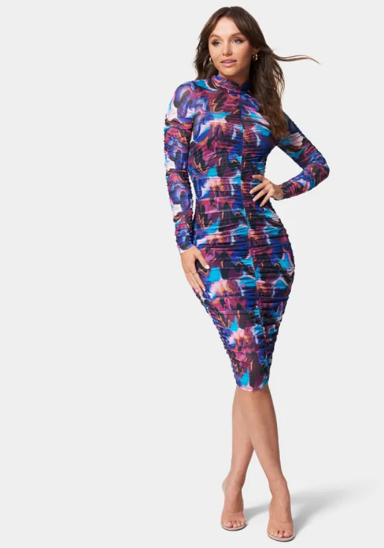 Mock Neck Printed Mesh Midi Dress sold by Bebe
