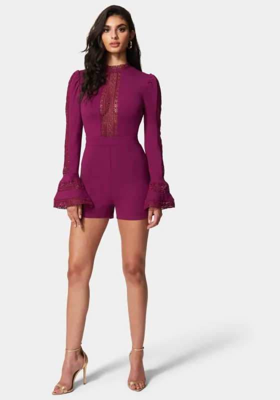 Ruffle Bell Sleeve Romper sold by Bebe