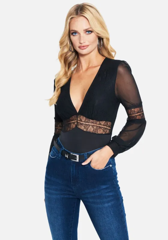 Long Sleeve Organza Lace Bodysuit sold by Bebe
