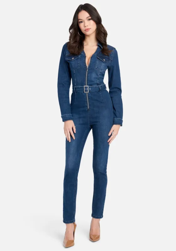 Rhinestone Belt Buckle Zip Front Denim Jumpsuit sold by Bebe
