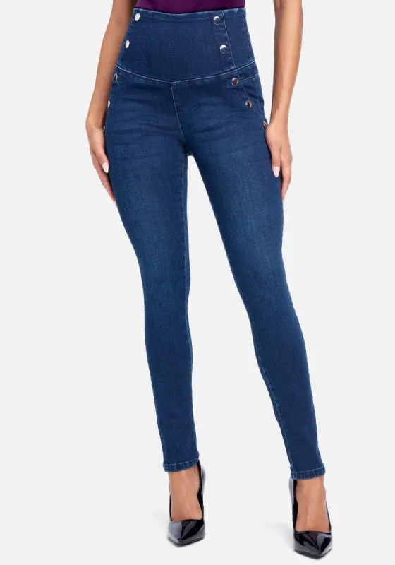 High Waisted Button Detail Skinny Jeans sold by Bebe
