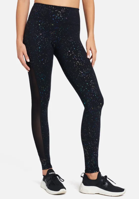 Bebe Logo Multi Color Foil Print Side Mesh Insert Legging sold by Bebe