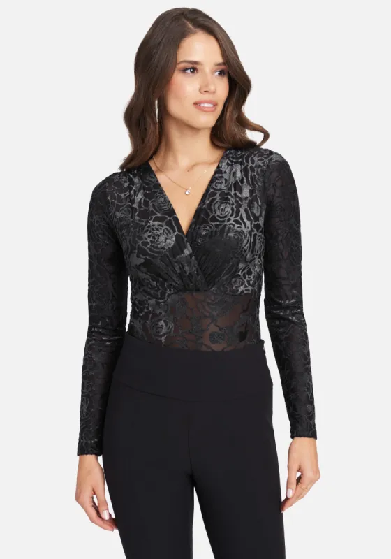 Burnout Velour Deep V Bodysuit sold by Bebe
