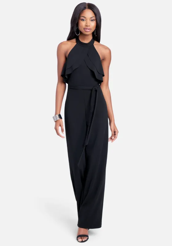 Double Ruffle Halter Jumpsuit sold by Bebe